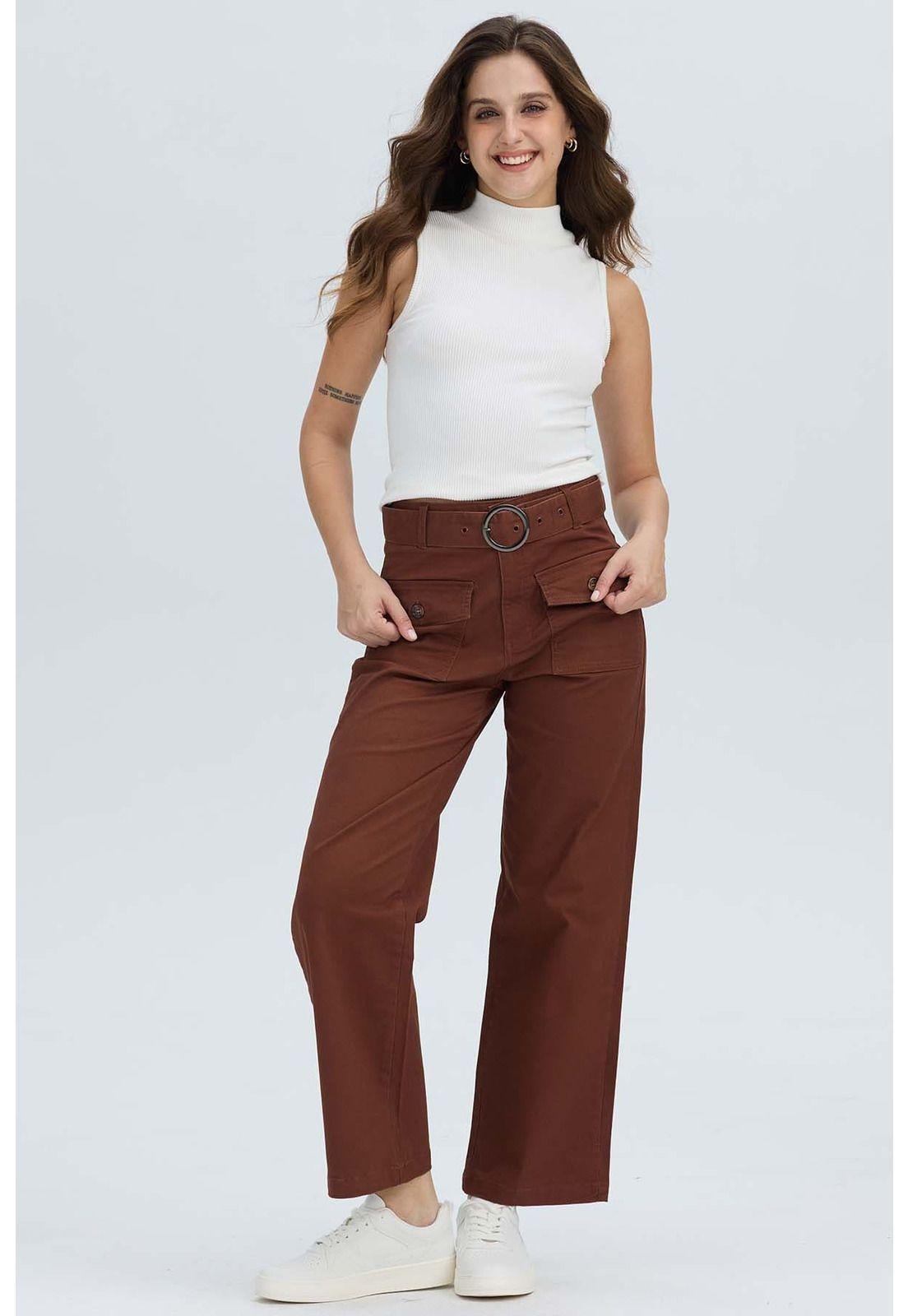 Pantalón Mujer Con Cinturón Y Bolsillos Café-3
