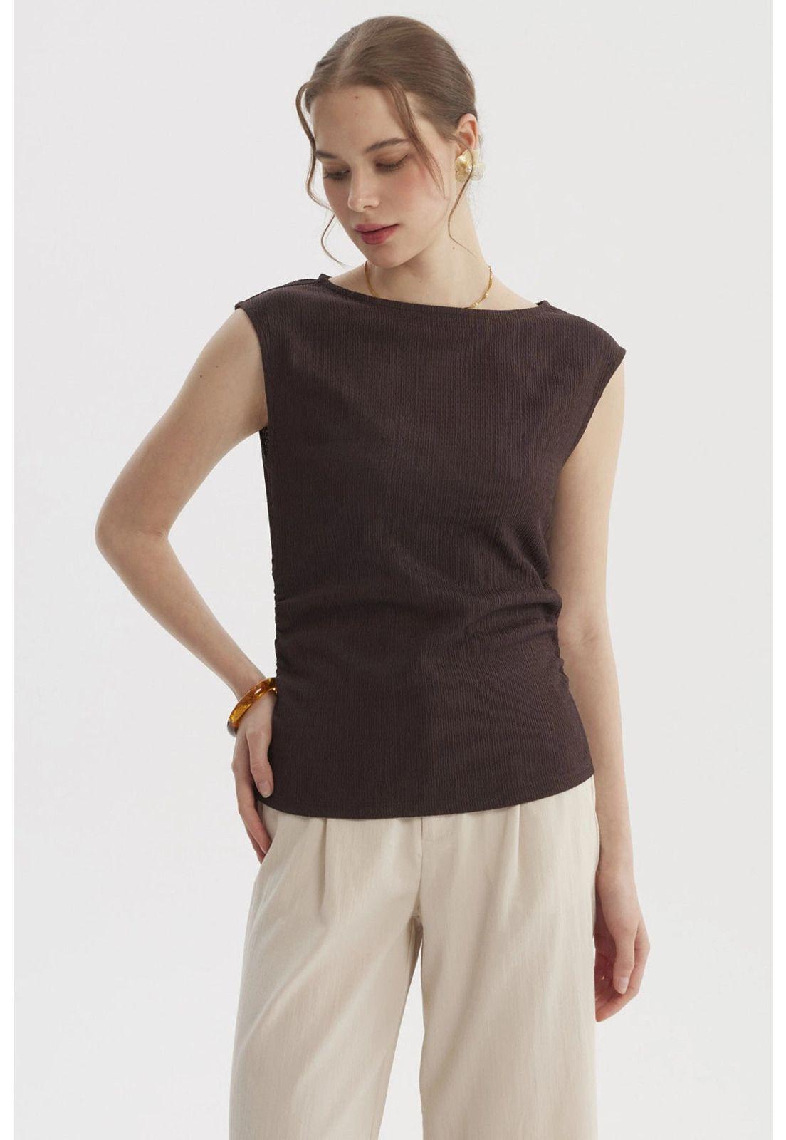 Polera Mujer Bote Drapeada Textura Café Oscuro-0