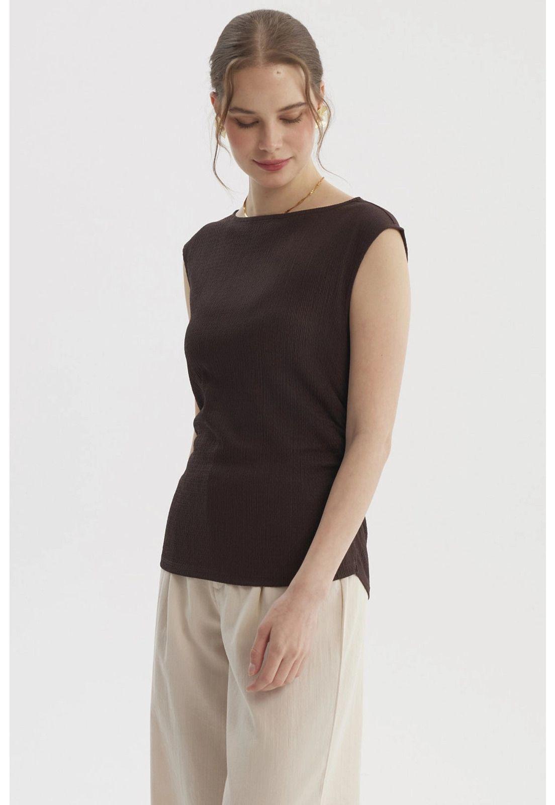 Polera Mujer Bote Drapeada Textura Café Oscuro-1