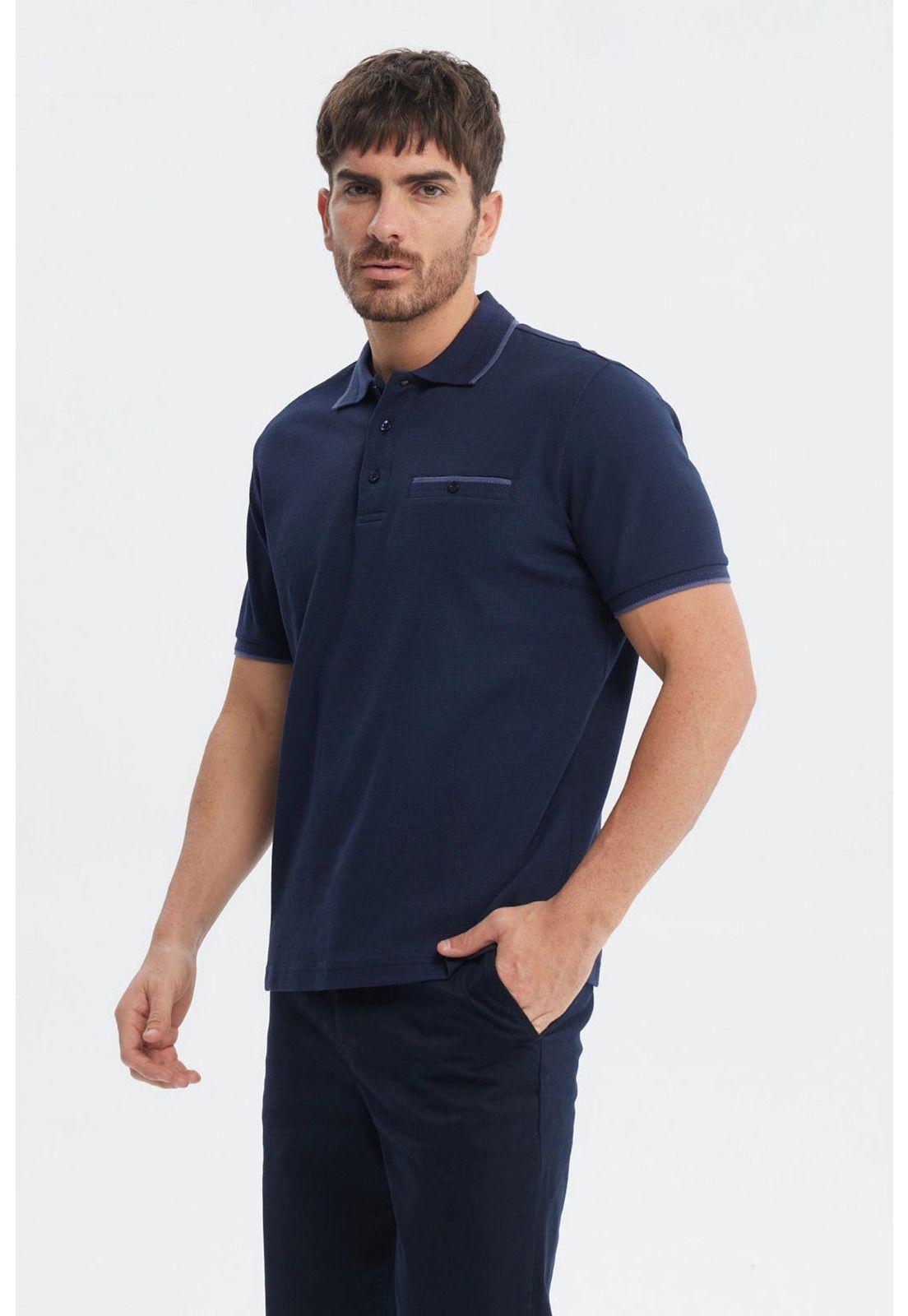 Polera Hombre Pique Con Bolsillo Botón Azul Marino-1