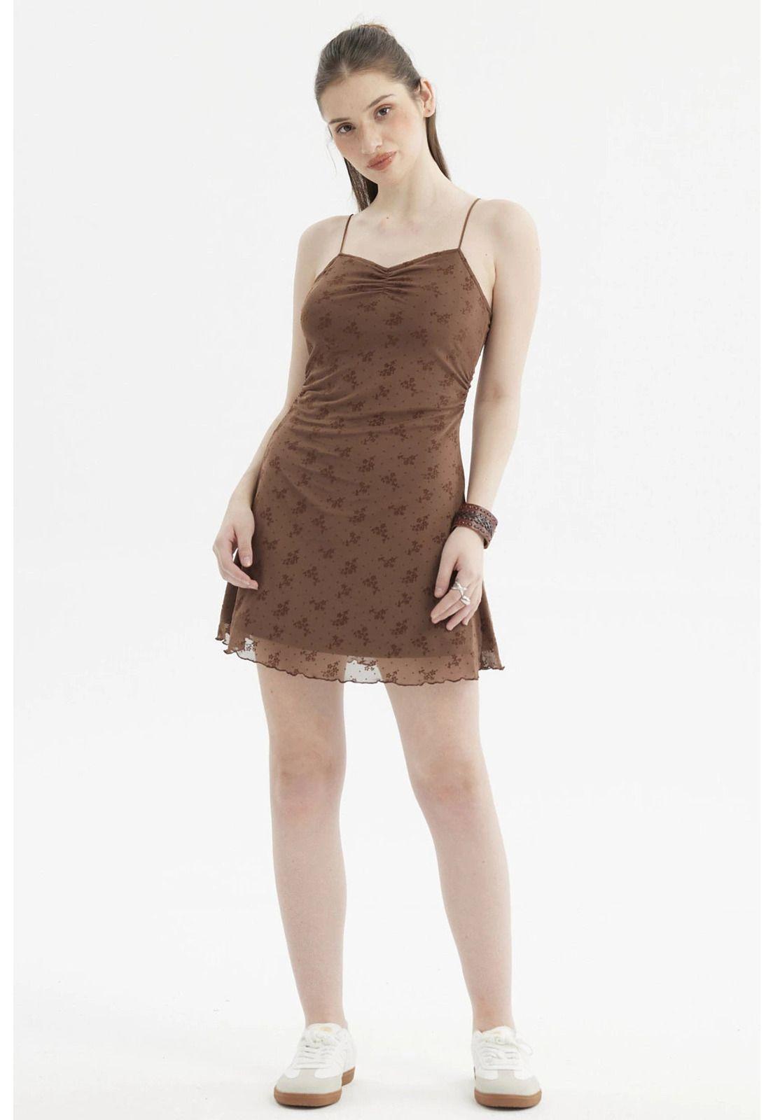 Vestido Mujer Corto Malla Aplicación Flock Café Oscuro-0