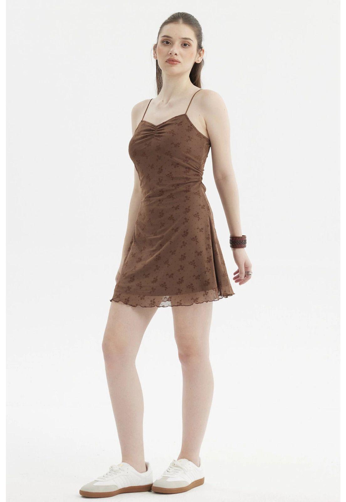 Vestido Mujer Corto Malla Aplicación Flock Café Oscuro-2