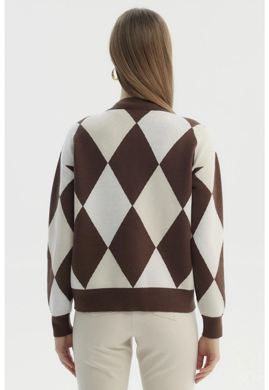 Sweater Mujer Peludo Rombos Café-2