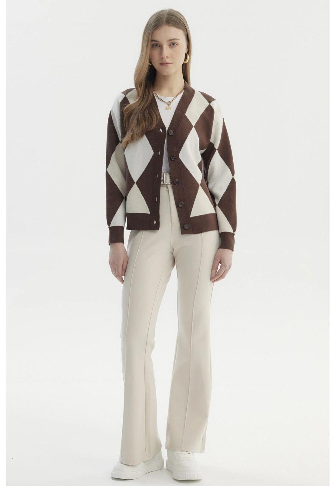 Sweater Mujer Peludo Rombos Café-3