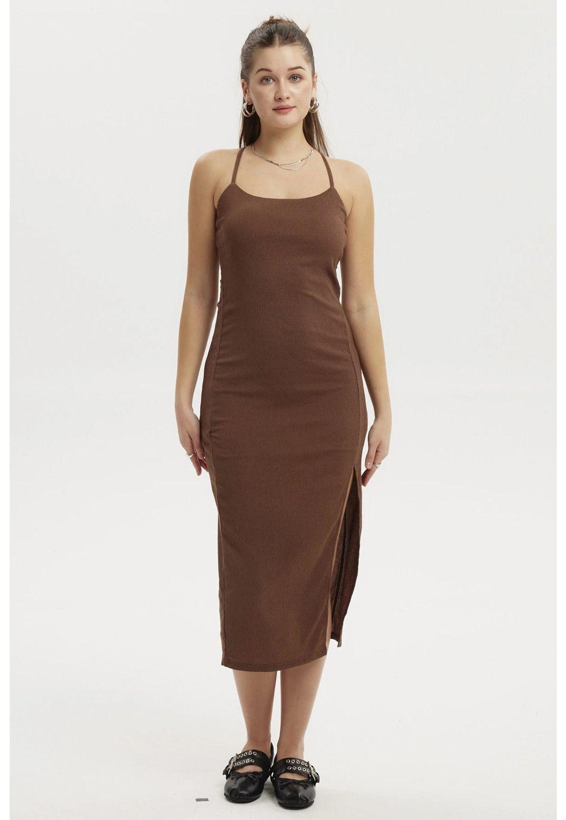 Vestido Mujer Largo Abertura Lateral Espalda Café-0