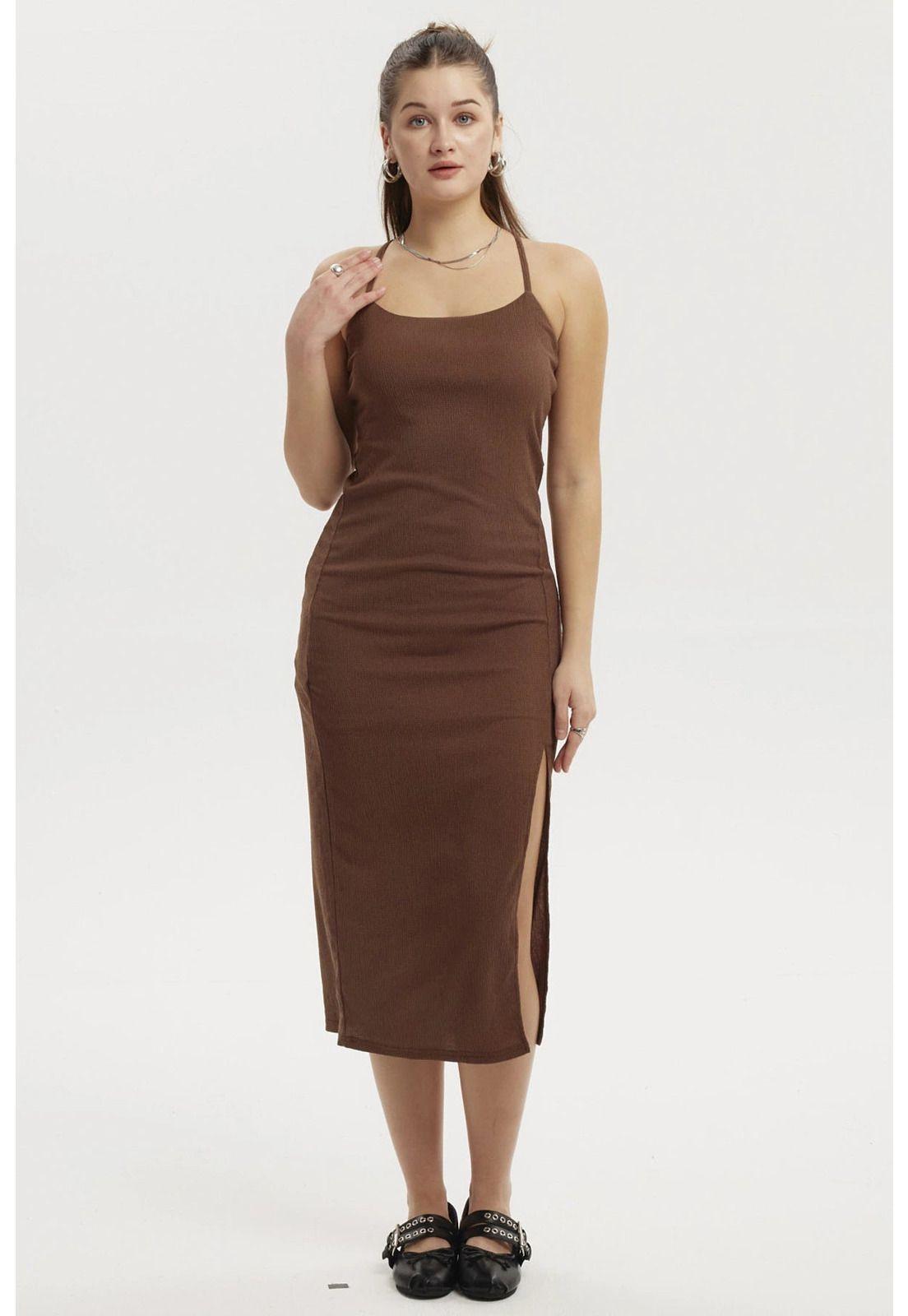 Vestido Mujer Largo Abertura Lateral Espalda Café-1