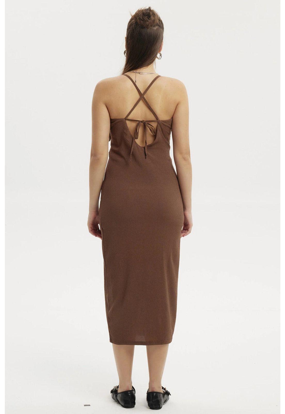 Vestido Mujer Largo Abertura Lateral Espalda Café-2