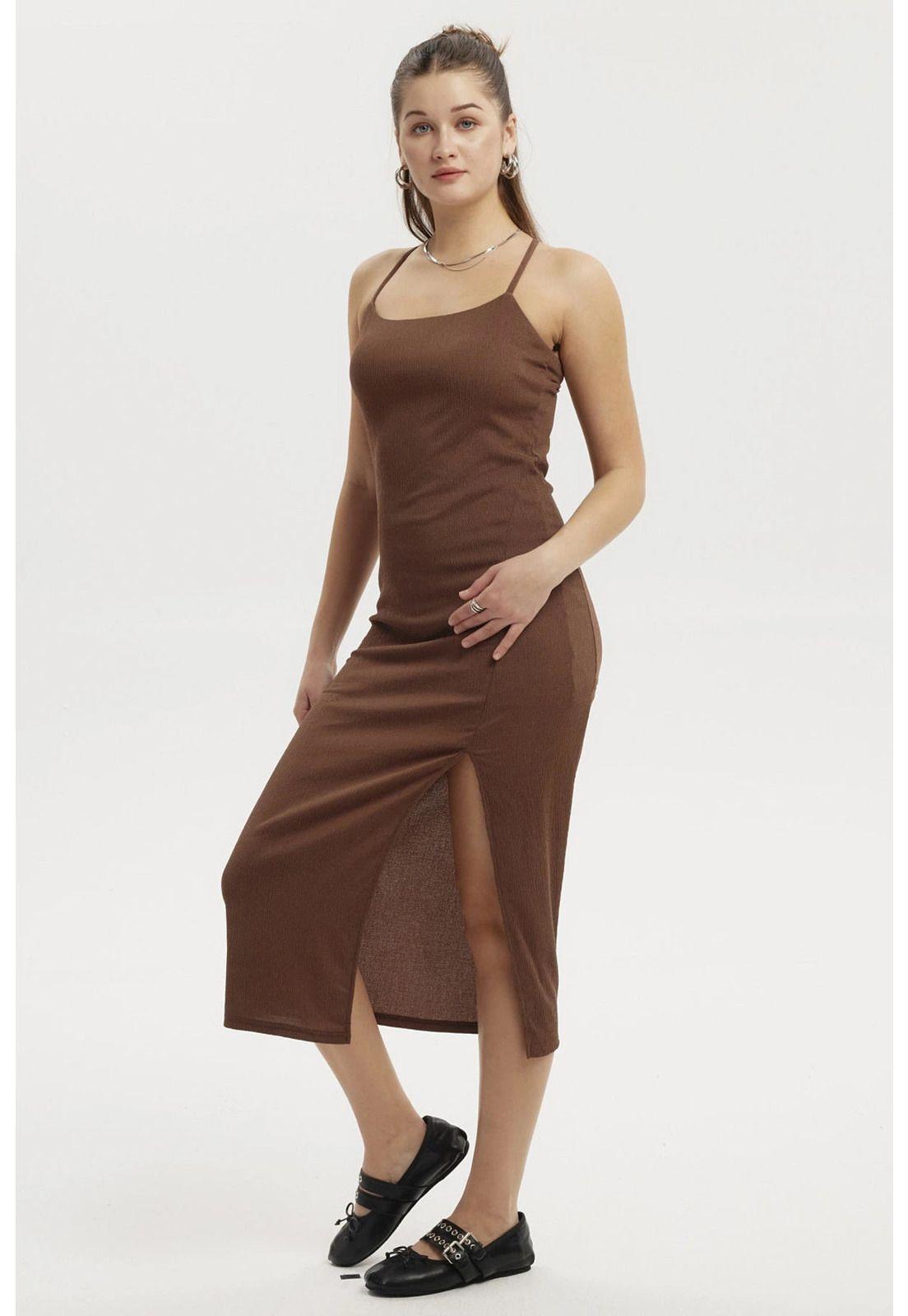 Vestido Mujer Largo Abertura Lateral Espalda Café-3