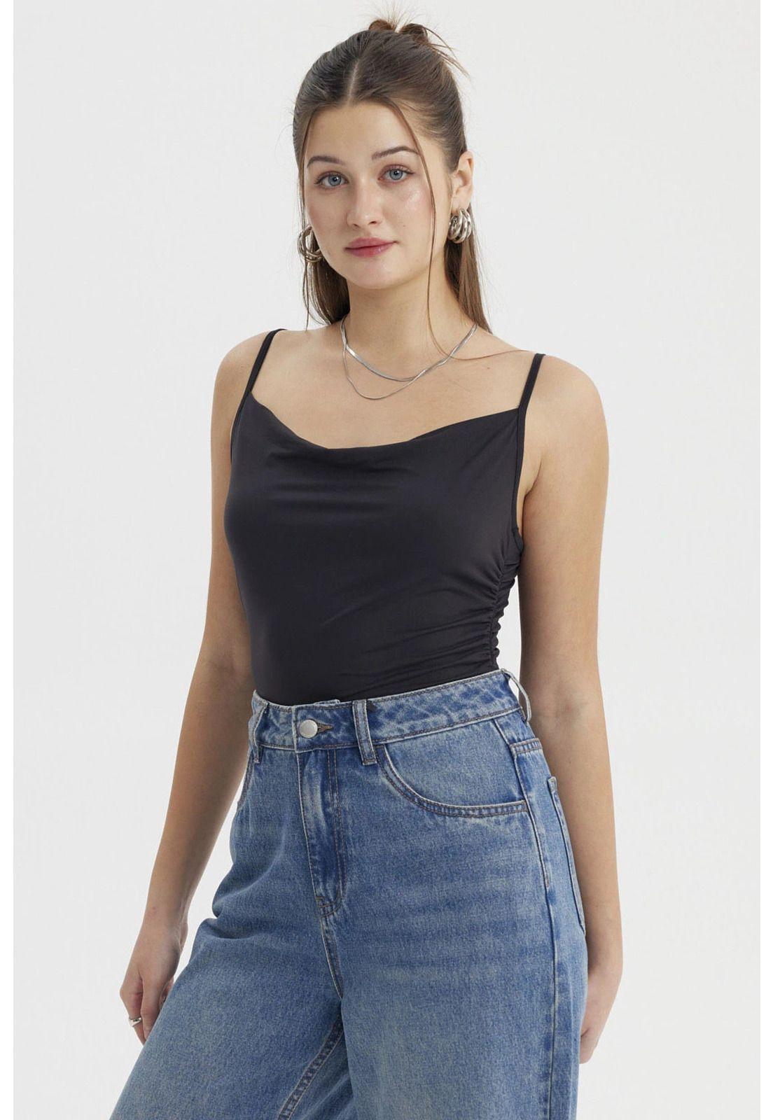 Peto Mujer Escote Drapeado Negro-1