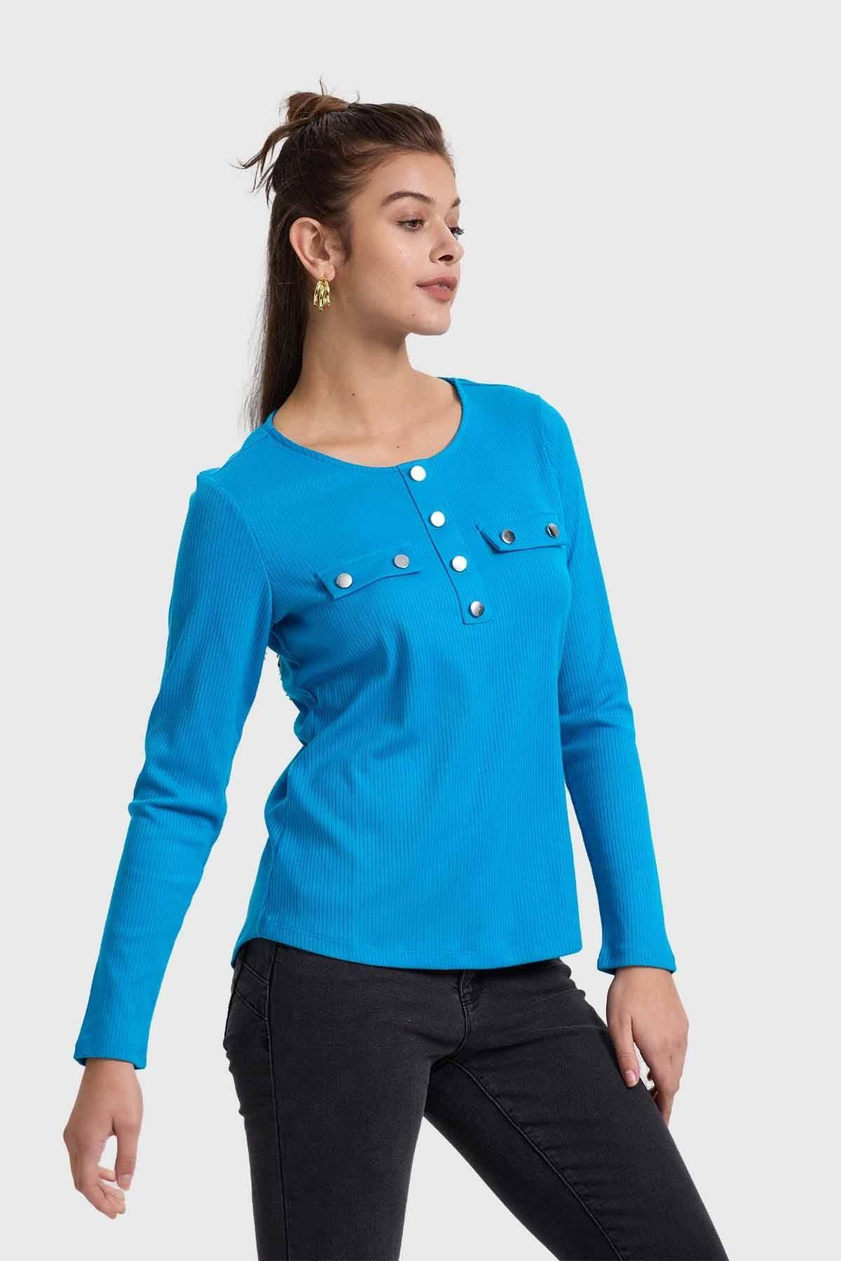 Polera Mujer Pata Botón Rib Azul-1