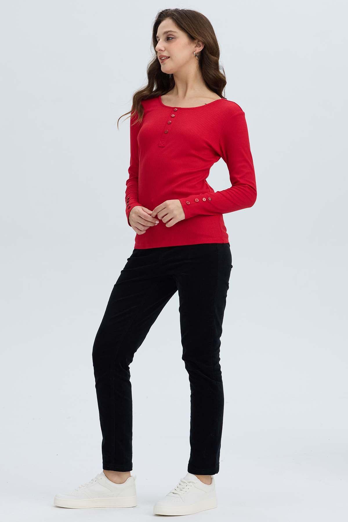 Polera Mujer Botón Rib lisa Rojo Oscuro-3