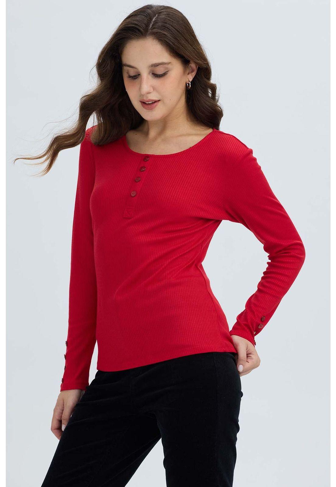 Polera Mujer Botón Rib Lisa Rojo Oscuro-1