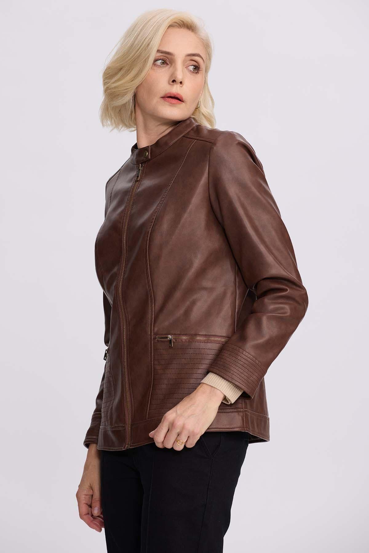 Chaqueta Mujer Efecto Cuero Cafe Oscuro-2