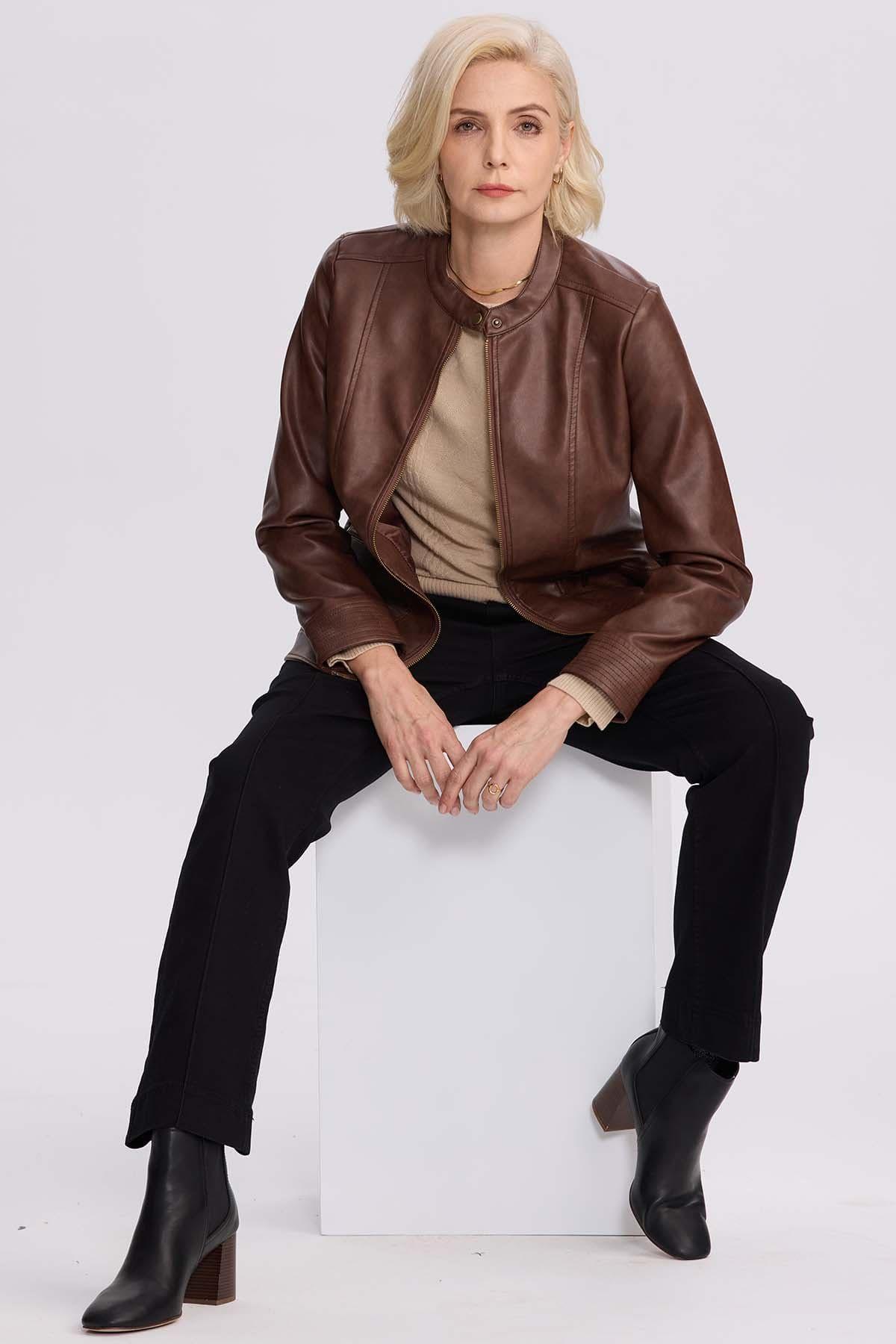 Chaqueta Mujer Efecto Cuero Cafe Oscuro-3