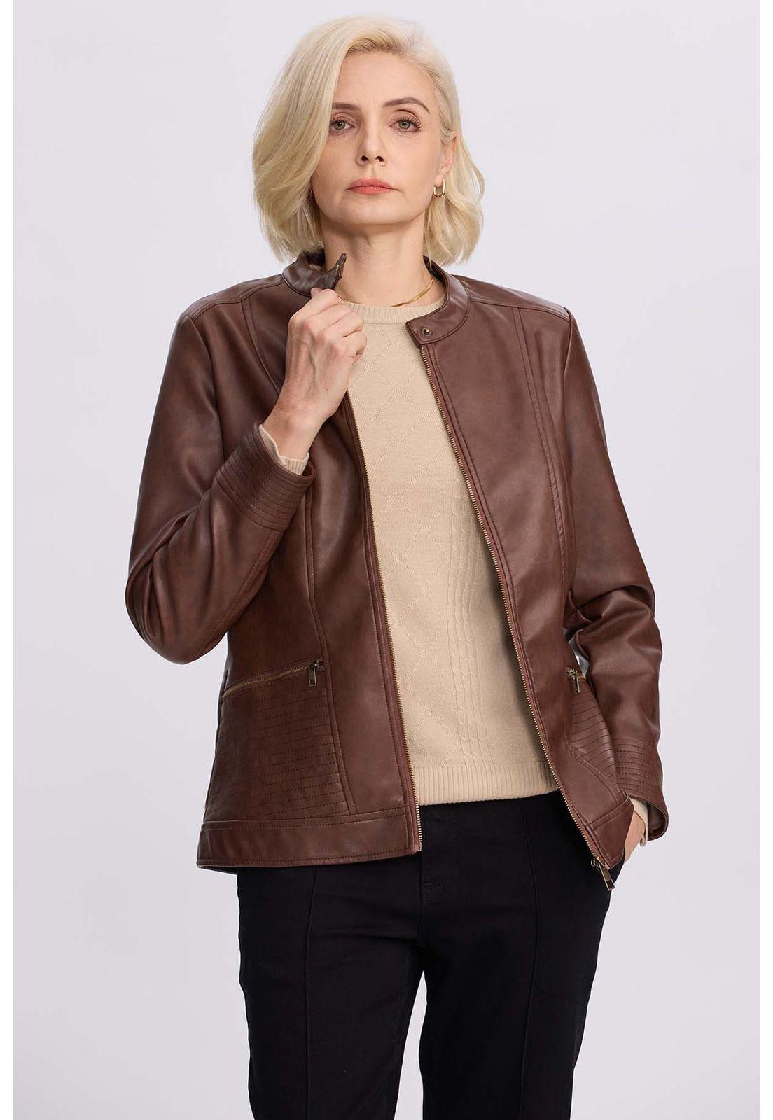 Chaqueta Mujer Efecto Cuero Café Oscuro-0