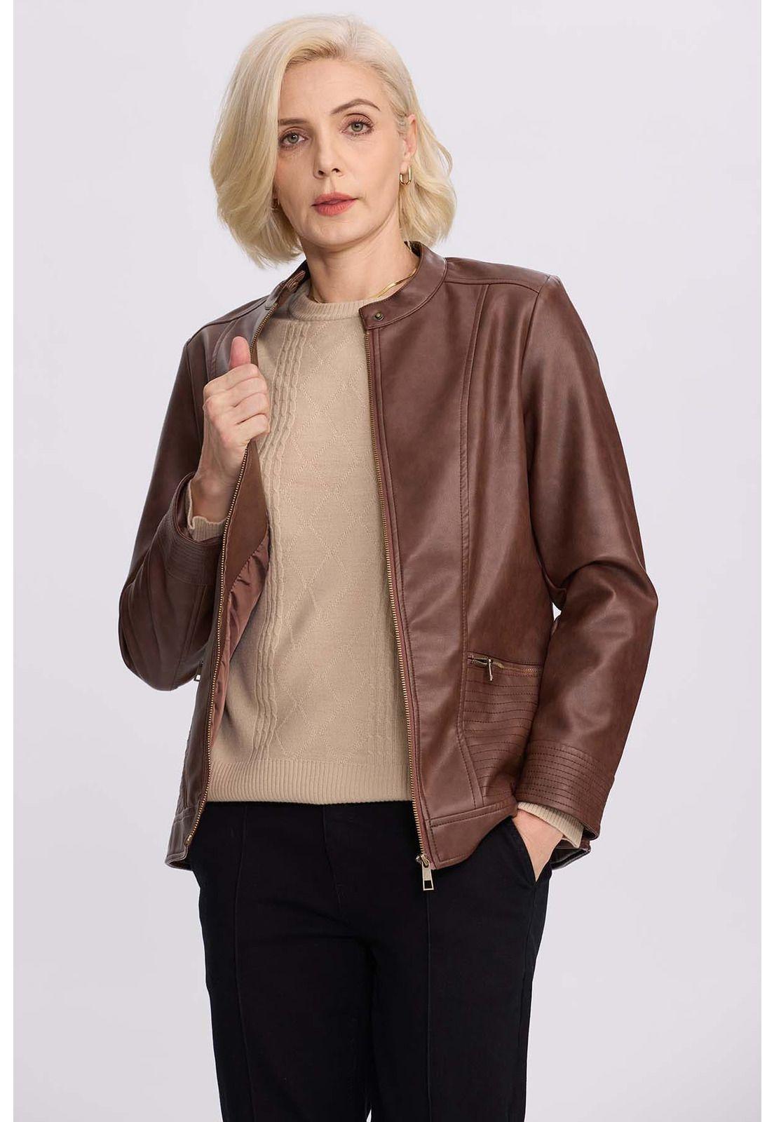 Chaqueta Mujer Efecto Cuero Café Oscuro-1