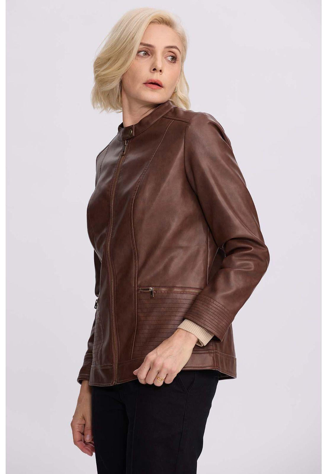 Chaqueta Mujer Efecto Cuero Café Oscuro-2