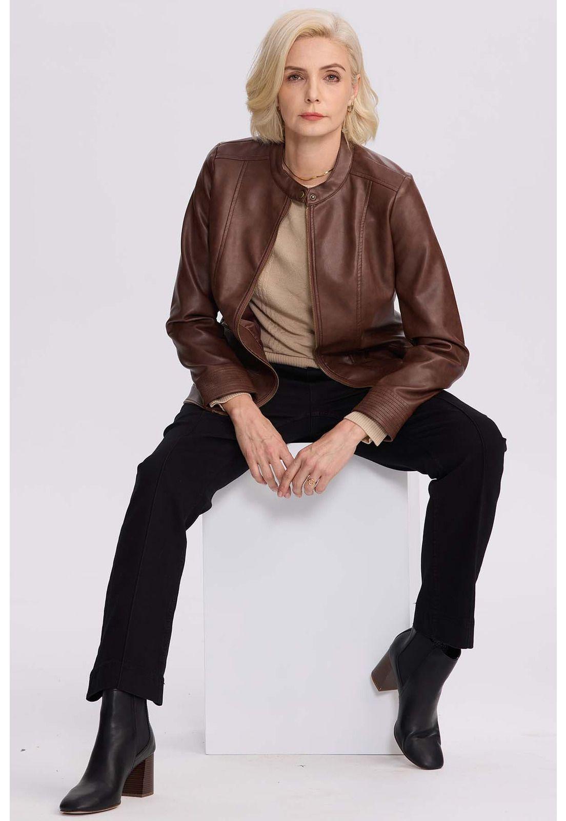 Chaqueta Mujer Efecto Cuero Café Oscuro-3