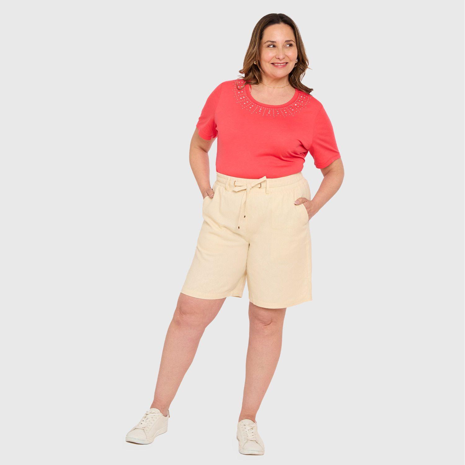 Bermuda Mujer Lino Pretina Elasticada Beige Fashions Park-3