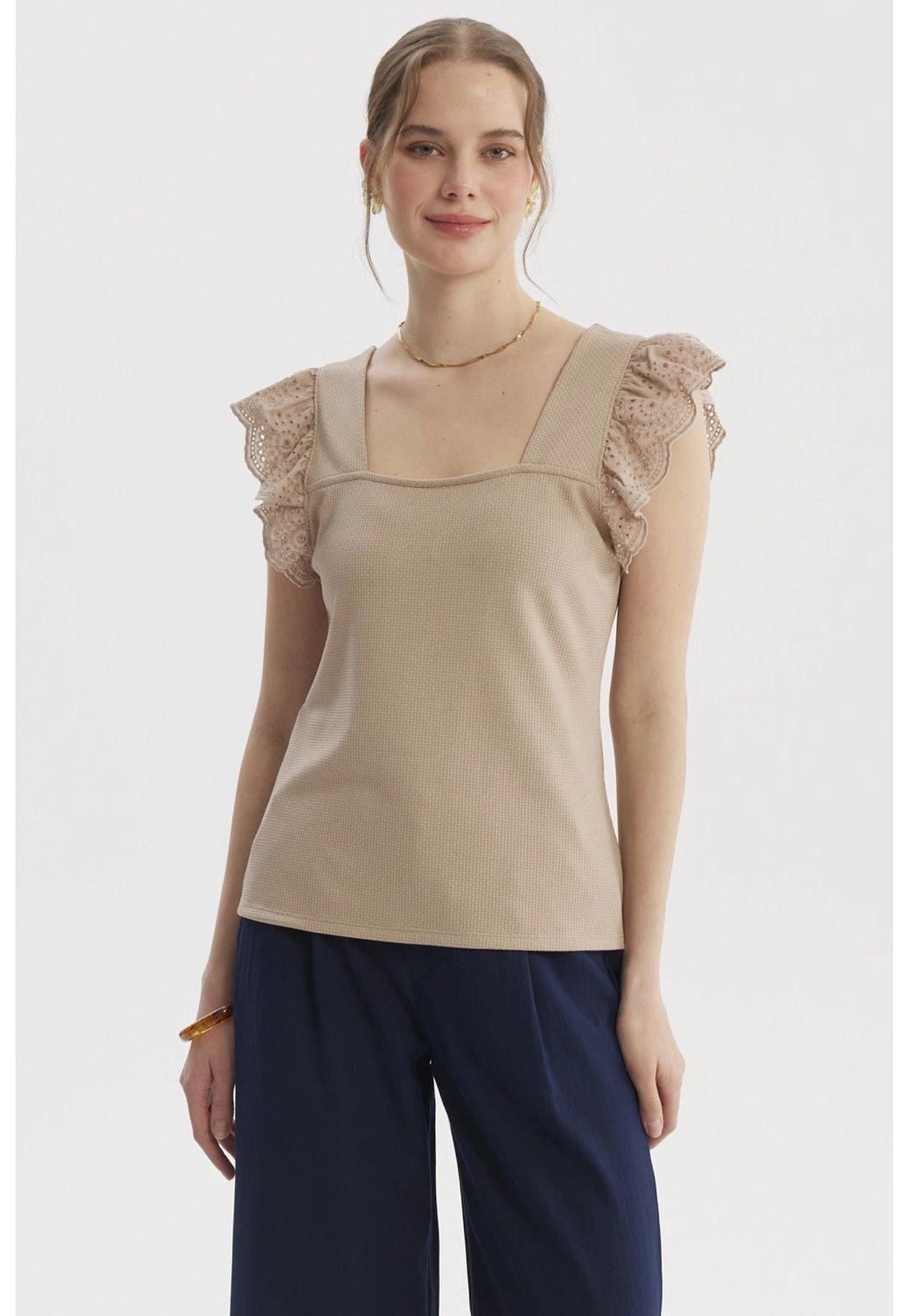 Polera Mujer Vuelo Escote Cuadrado Beige Claro-0