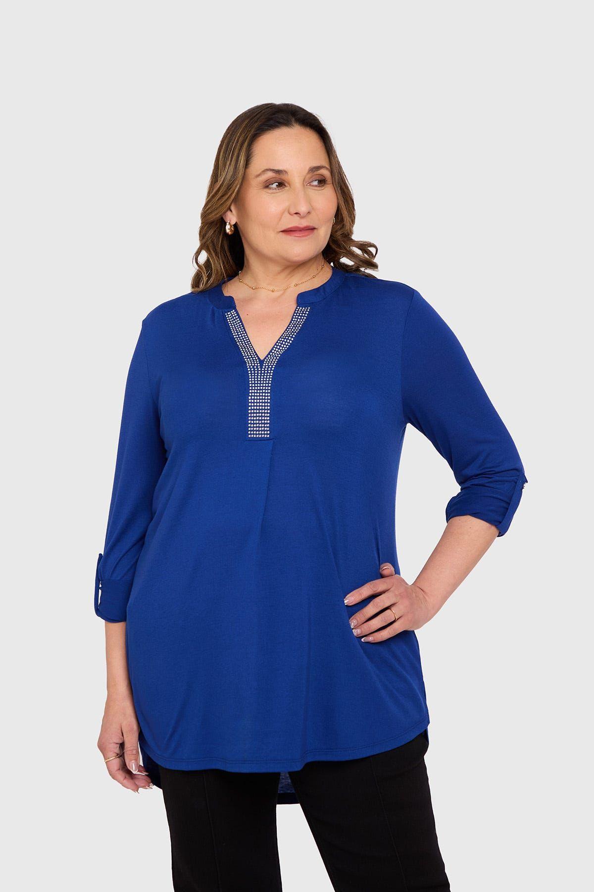Polera Mujer Manga Roll Up Azul-0