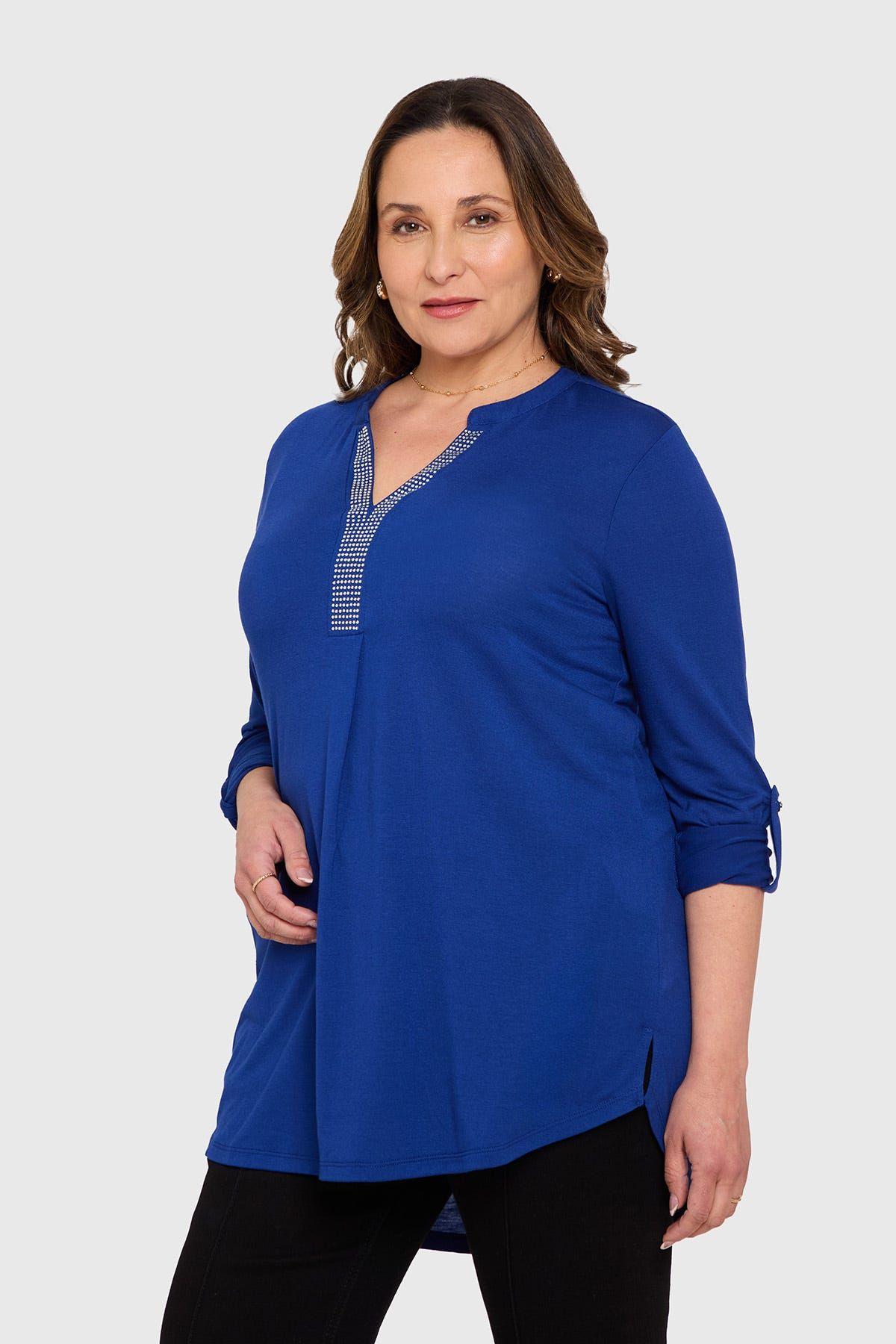 Polera Mujer Manga Roll Up Azul-1