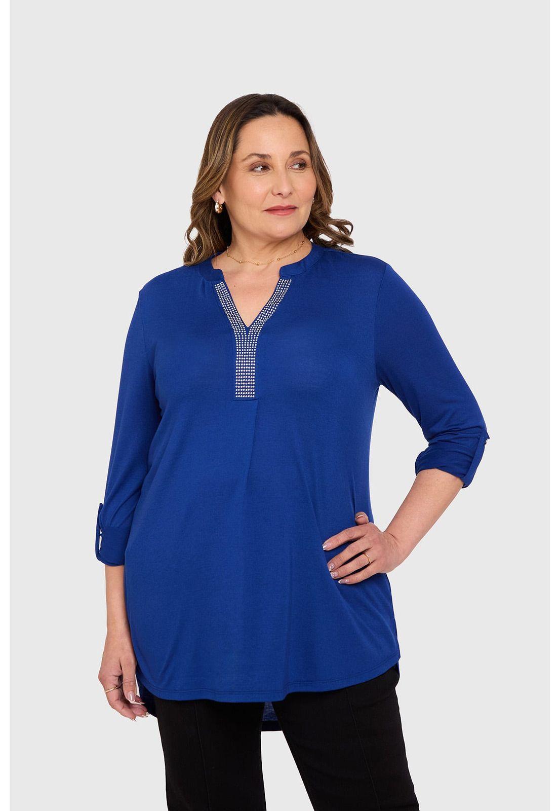 Polera Mujer Manga Roll Up Azul-0