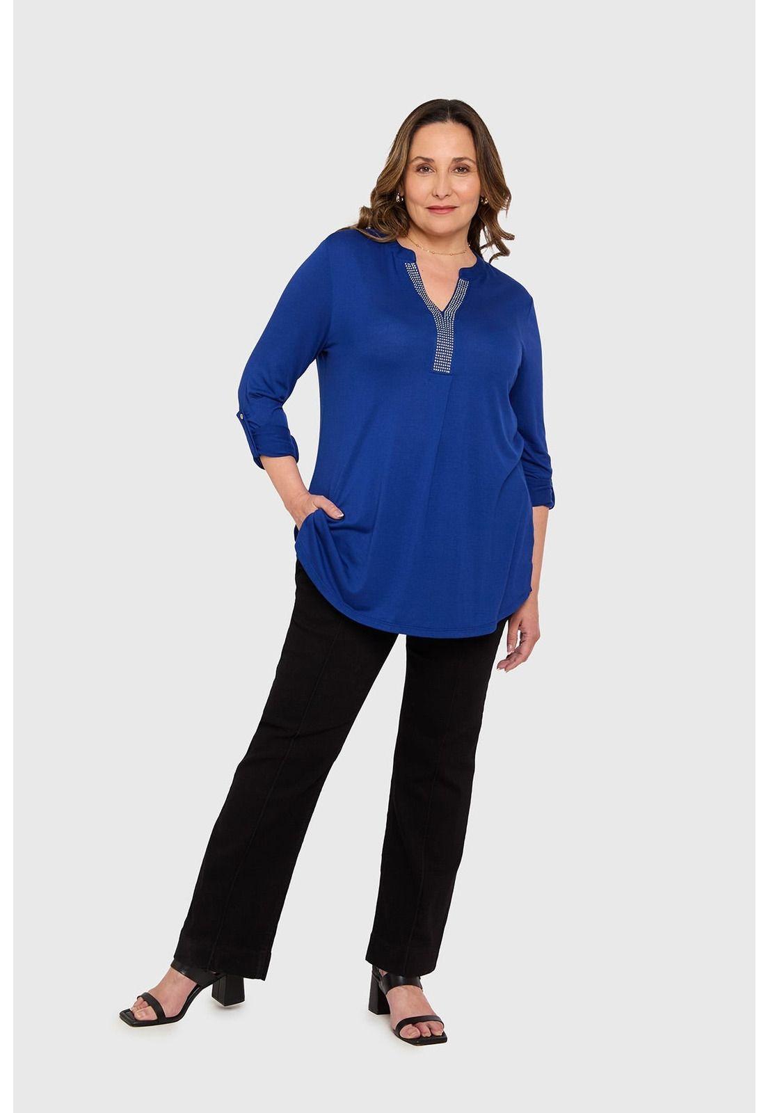 Polera Mujer Manga Roll Up Azul-3