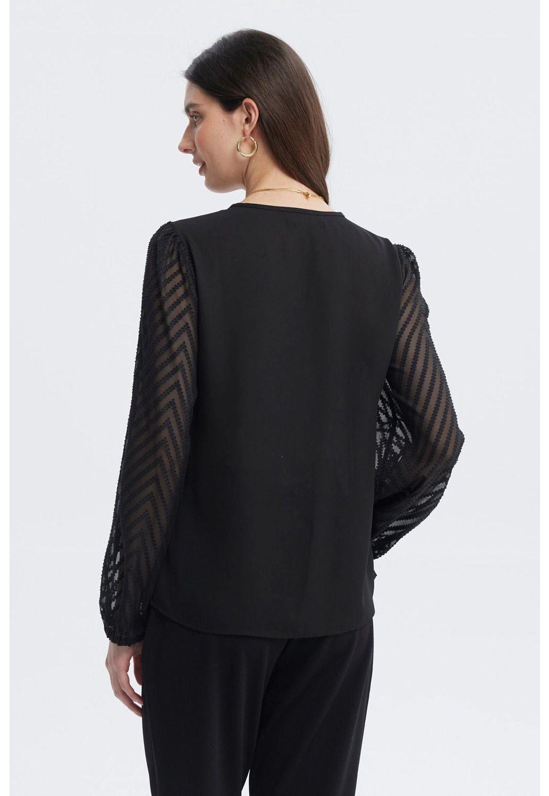 Blusa Mujer Cuello Y Puño En Contraste Negro-2