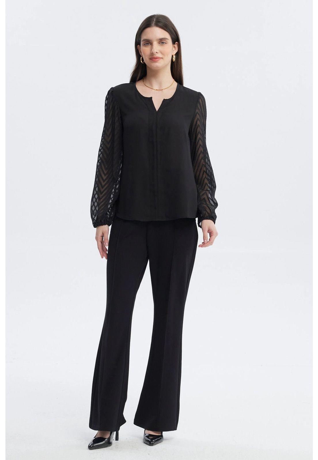 Blusa Mujer Cuello Y Puño En Contraste Negro-3