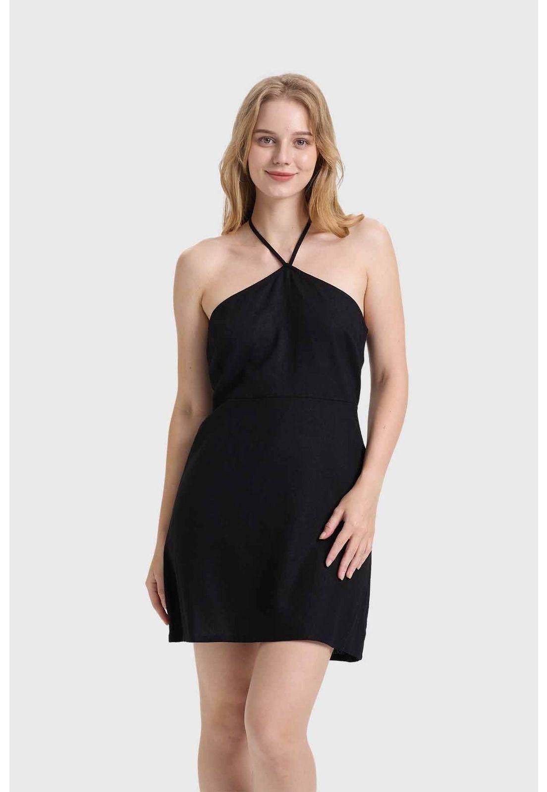 Vestido Mujer Halter Lino Negro-0