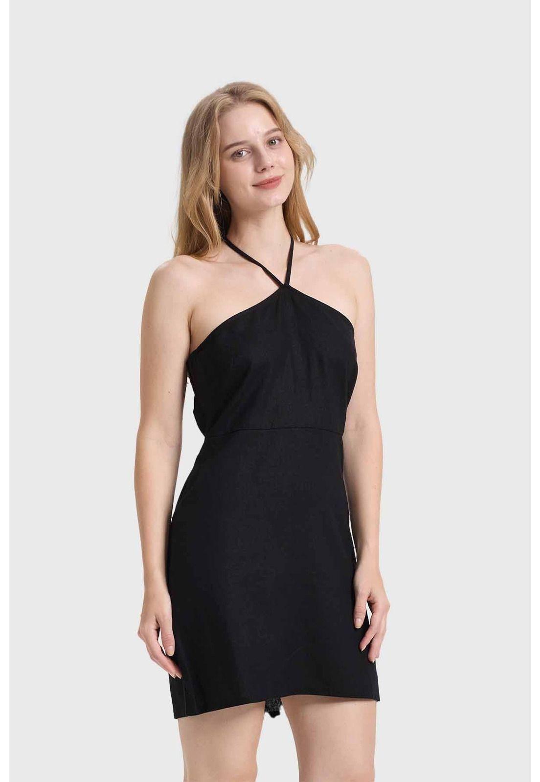 Vestido Mujer Halter Lino Negro-1