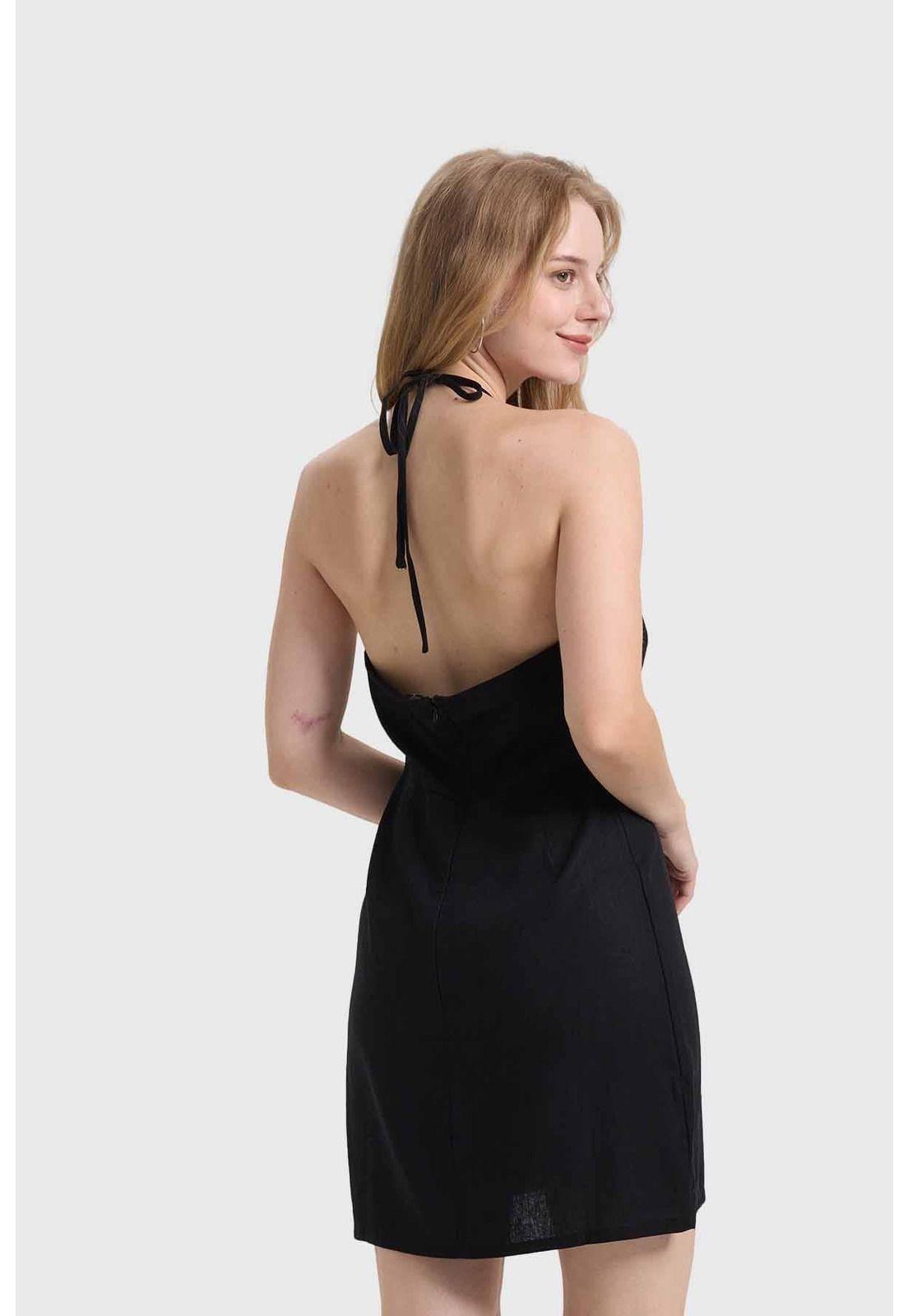 Vestido Mujer Halter Lino Negro-2