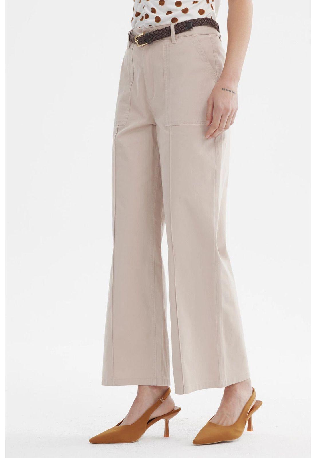 Pantalón Mujer Gabardina Con Cinturón Beige-1