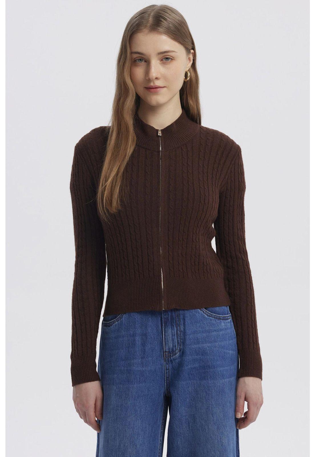 Sweater Mujer Cuello Con Cierre Café Oscuro-0
