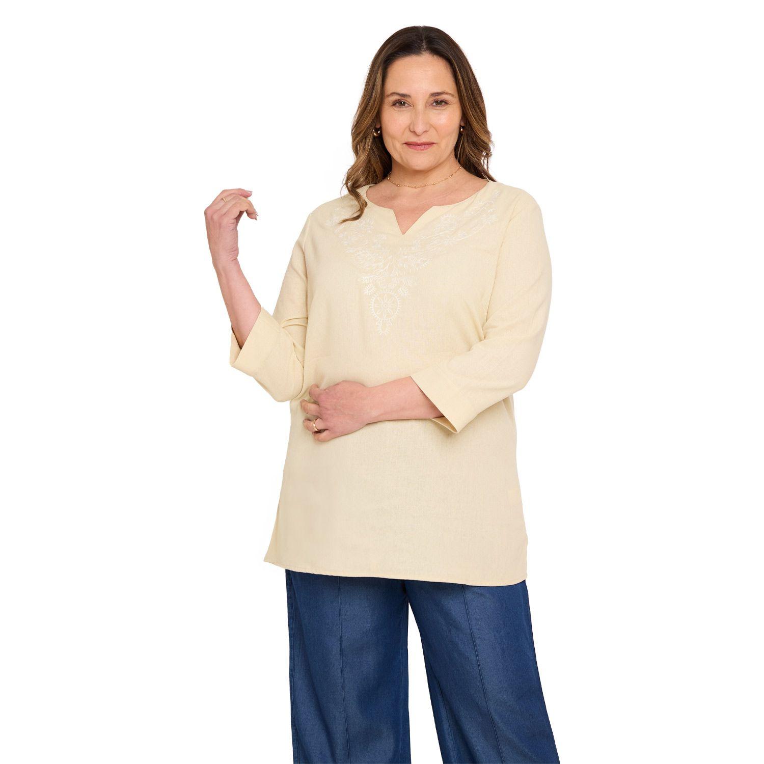 Blusa Mujer Lino Roll Up Beige Claro Fashions Park-0