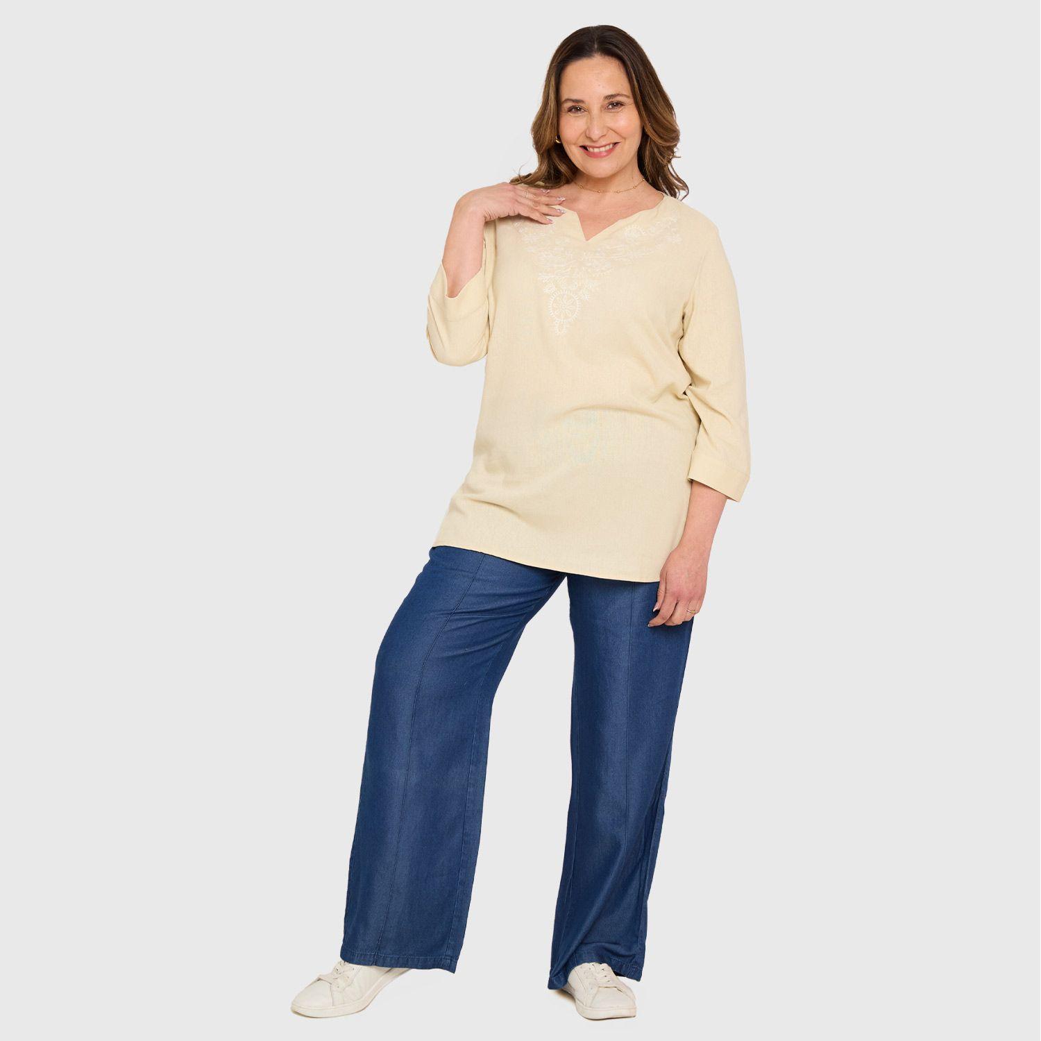 Blusa Mujer Lino Roll Up Beige Claro Fashions Park-3