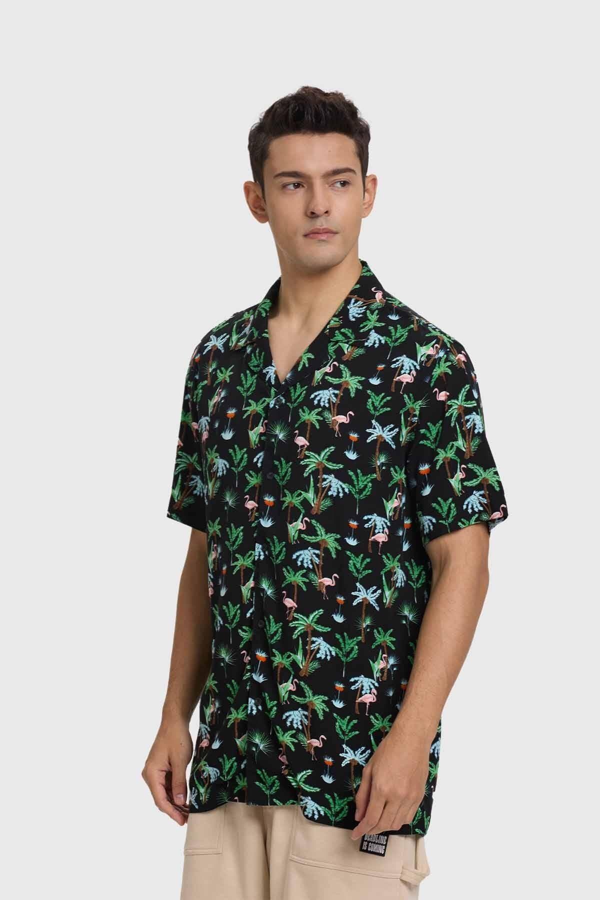 Camisa Hombre Print Tropical Negro-1