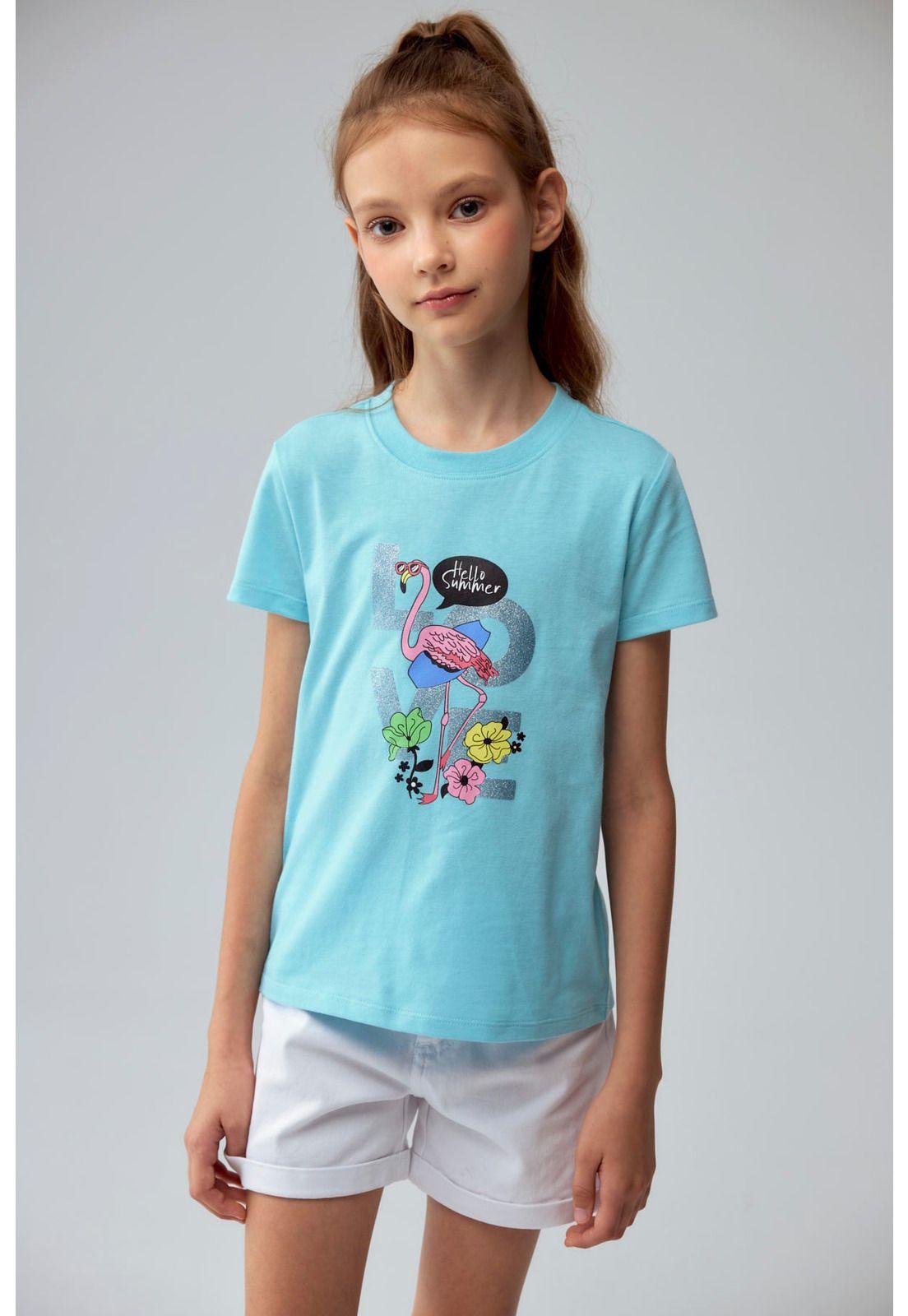 Polera Niña Básica Estampada Celeste-1