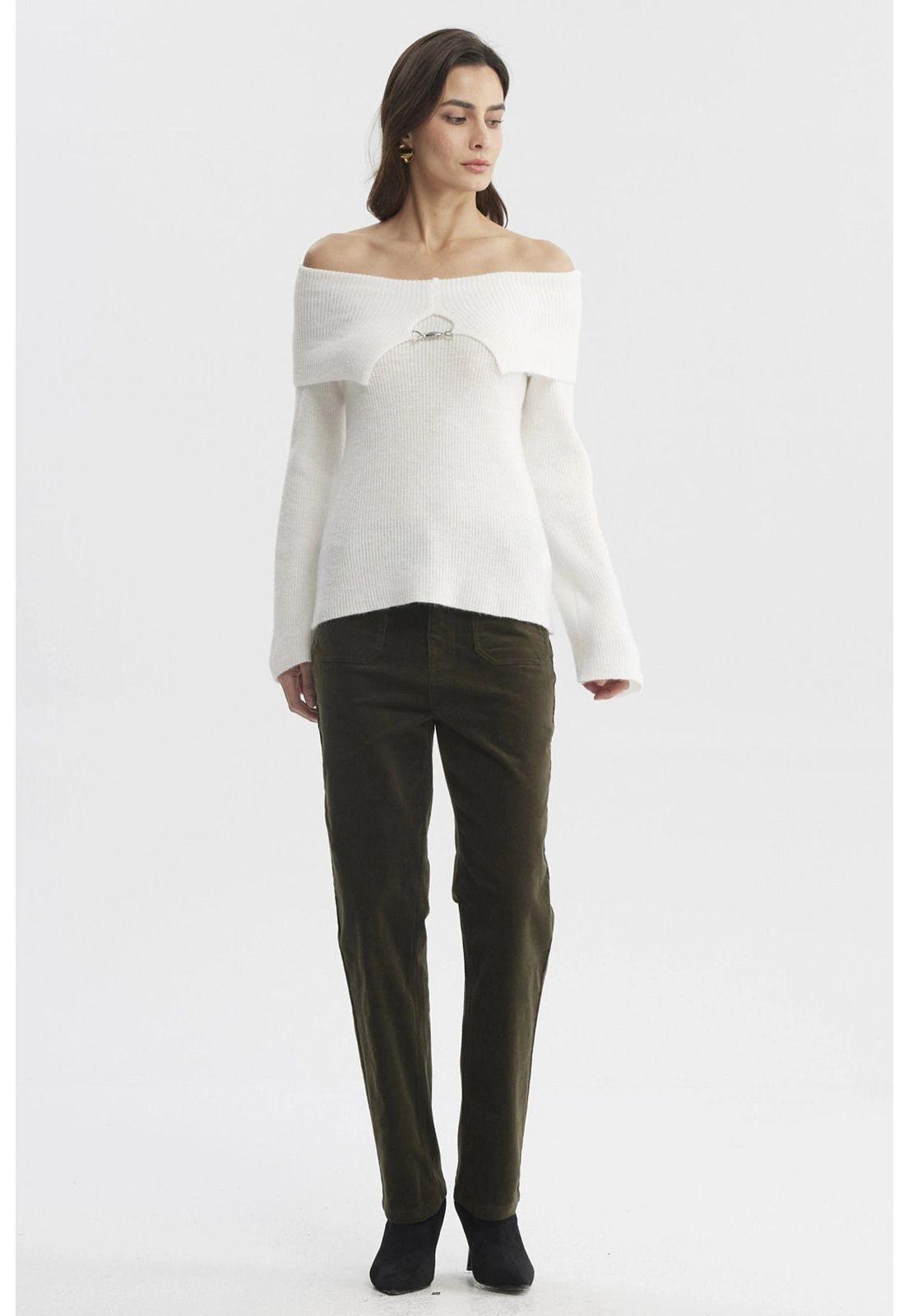 Sweater Mujer Ajustado Hombro Descubierto Crudo-3