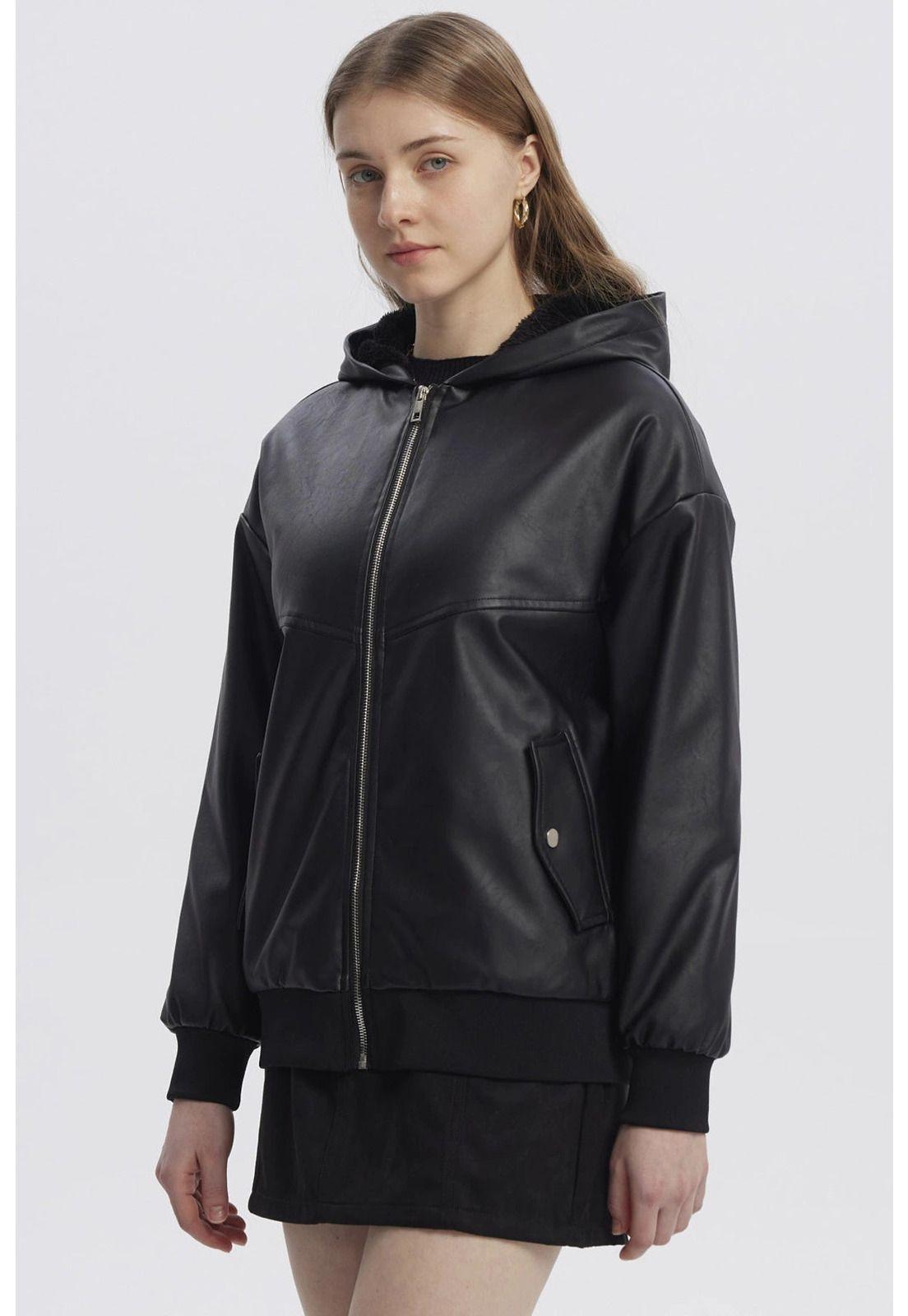 Chaqueta Mujer Efecto Cuero Bonded Negro - ll-1