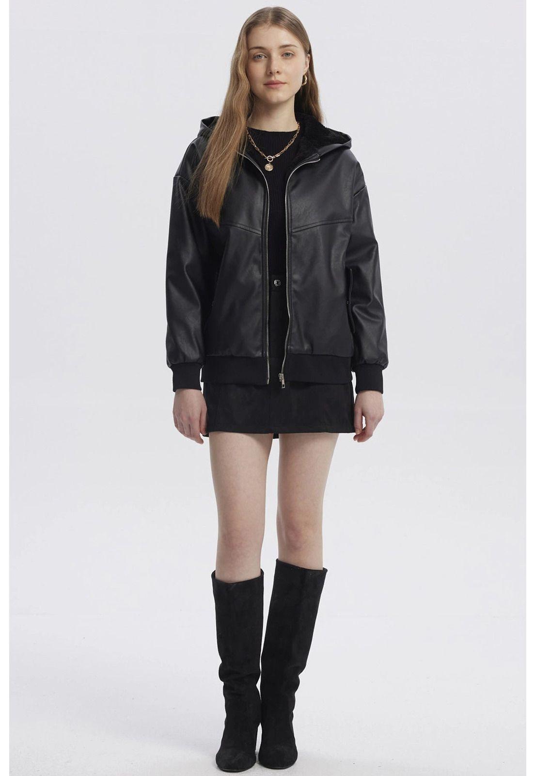 Chaqueta Mujer Efecto Cuero Bonded Negro - ll-3