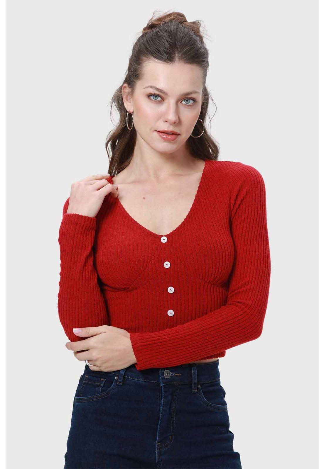 Polera Mujer Escote Botones Rojo-0