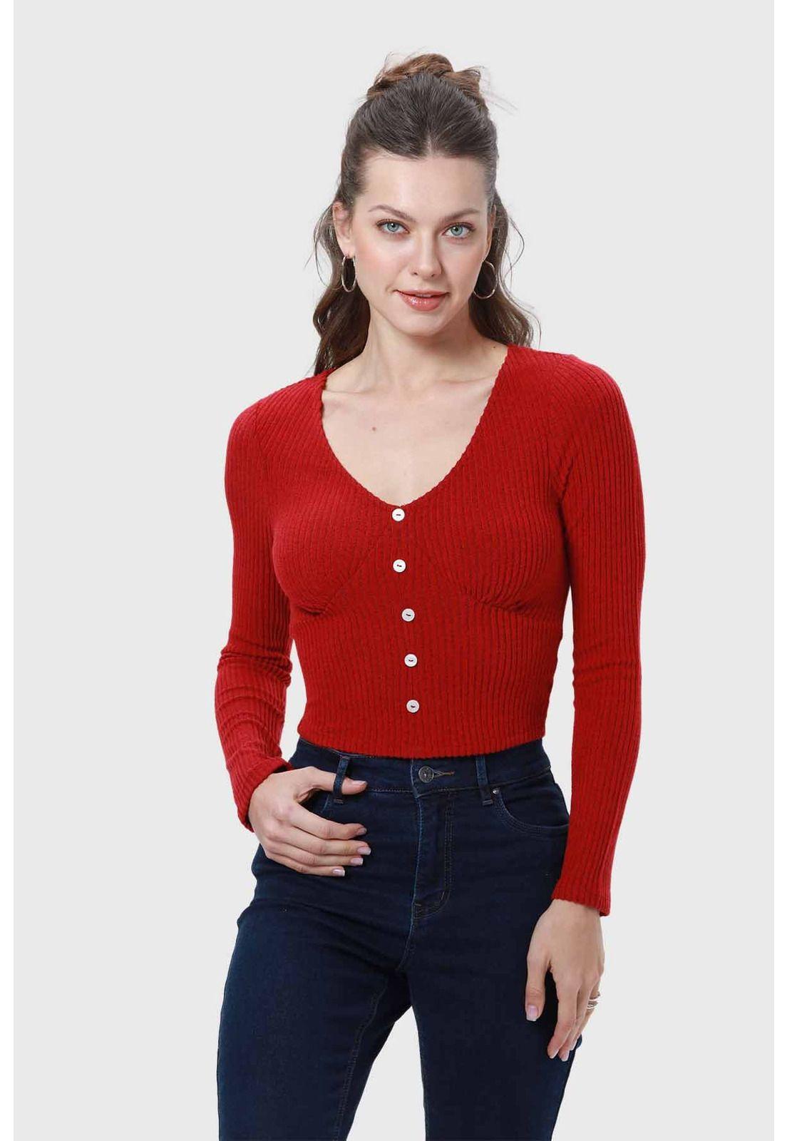 Polera Mujer Escote Botones Rojo-1