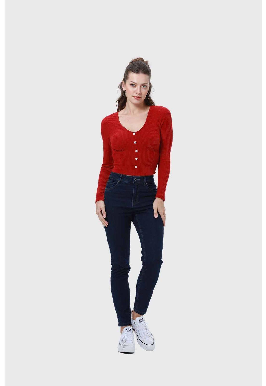 Polera Mujer Escote Botones Rojo-3