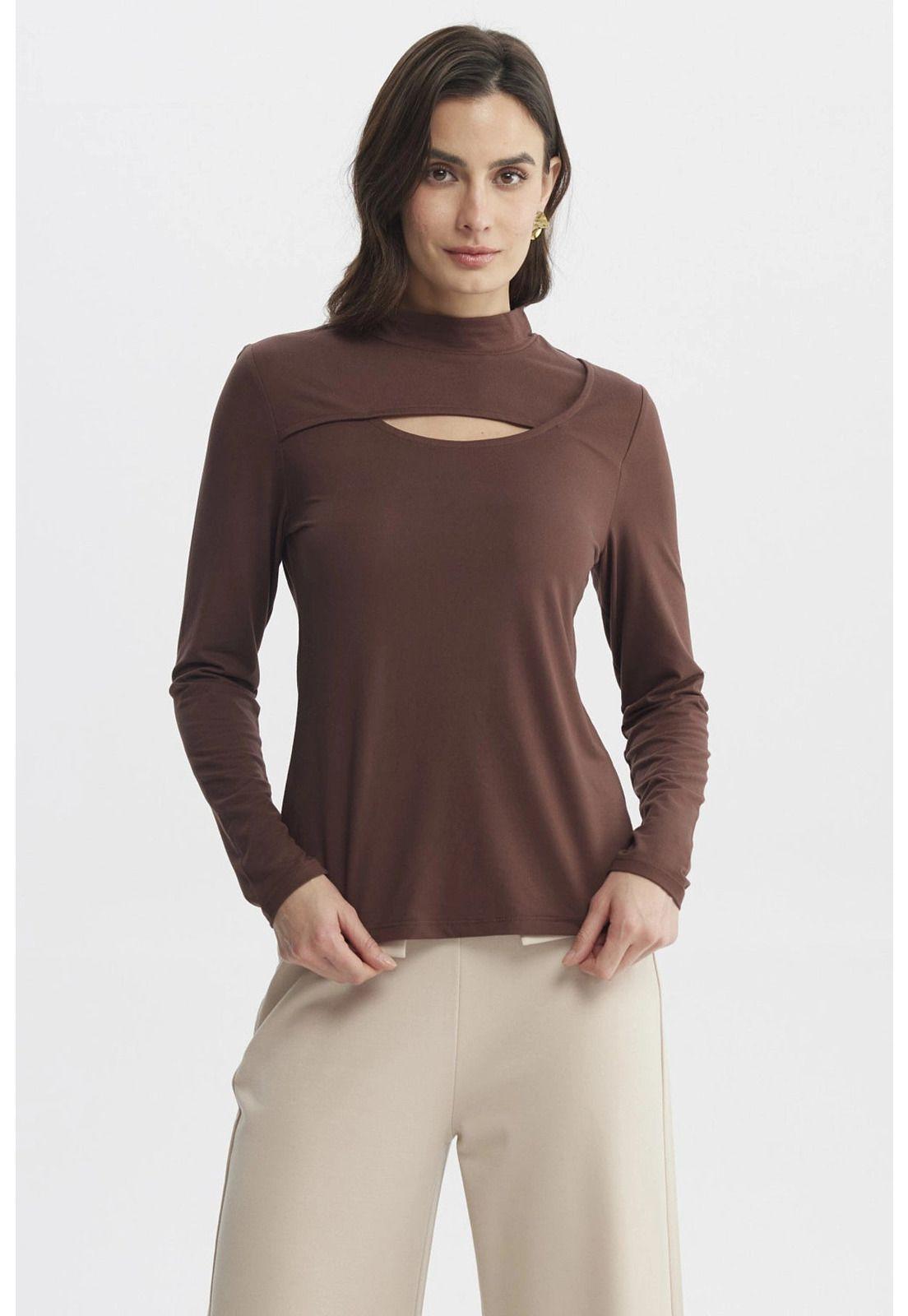 Polera Mujer Slim Cuello Apoyado Café Claro-0