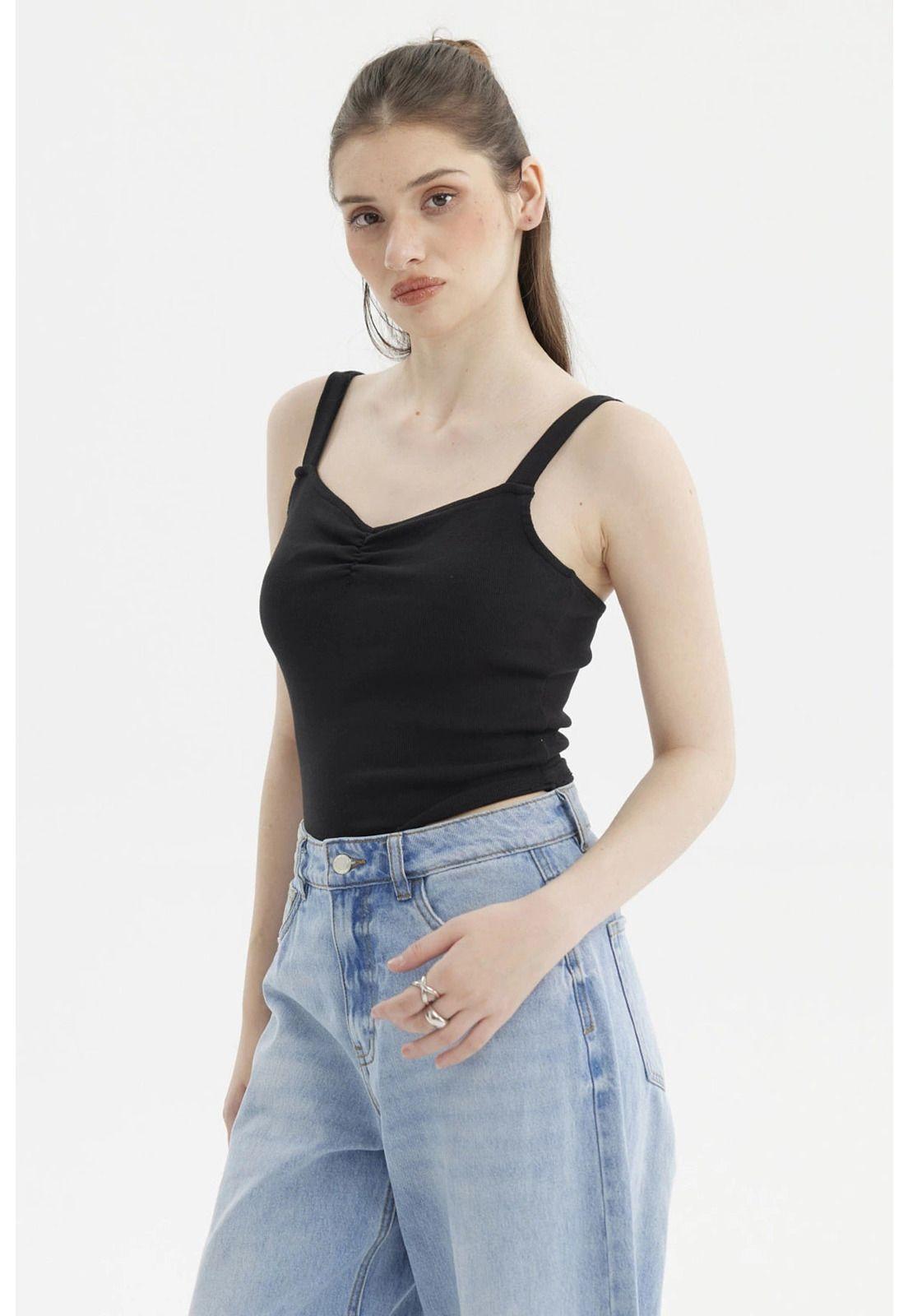 Polera Mujer Escote Corazón Y Recogido Negro-1