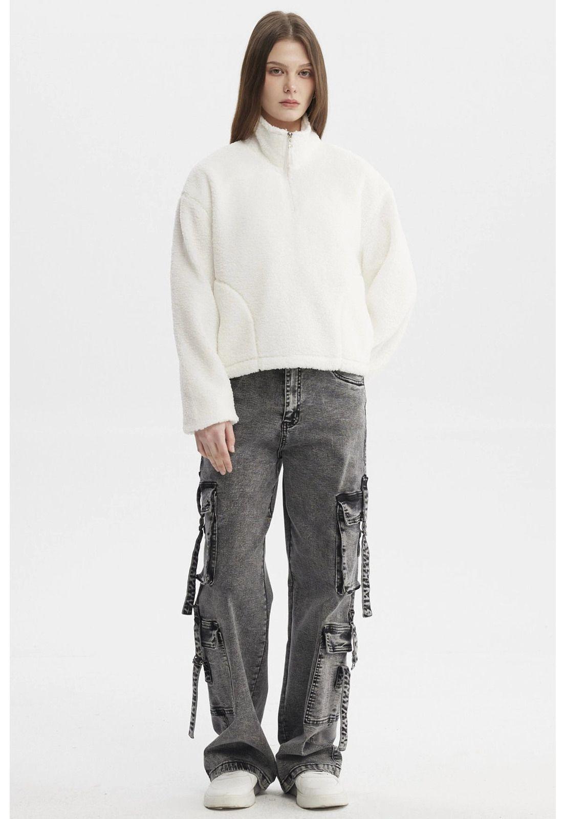 Polar Mujer Corderito Medio Cierre Crudo-3