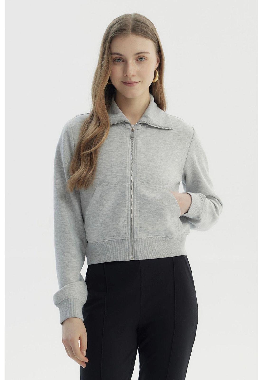 Polerón Mujer Cuello Alto Full Zipper Gris Melange-0