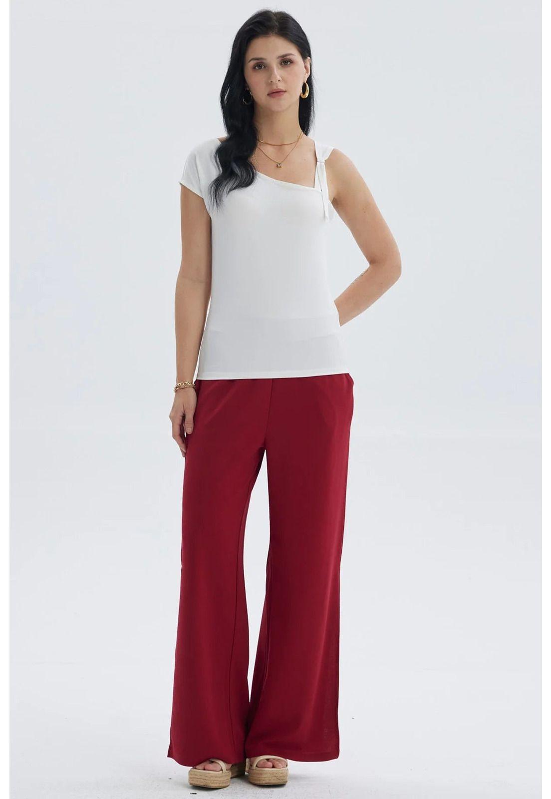 Pantalón Mujer Palazzo Pretina Elástica Rojo Oscuro-3